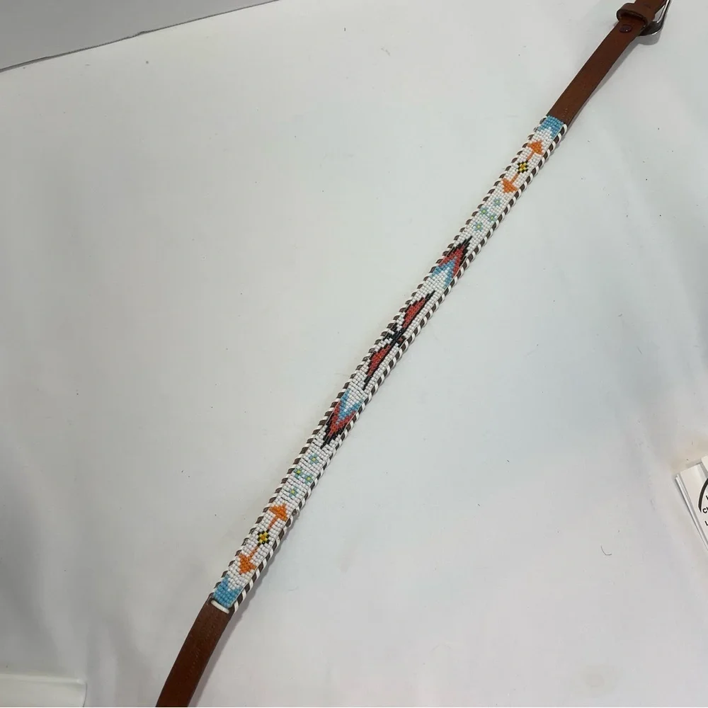 Child’s brown tribal beaded belt. Braided edge. Size 28. Pre-owned. Eagle. Arrow